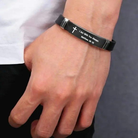 Black Silicone Scripture Bracelet Adjustable Unisex - Picture 4 of 8